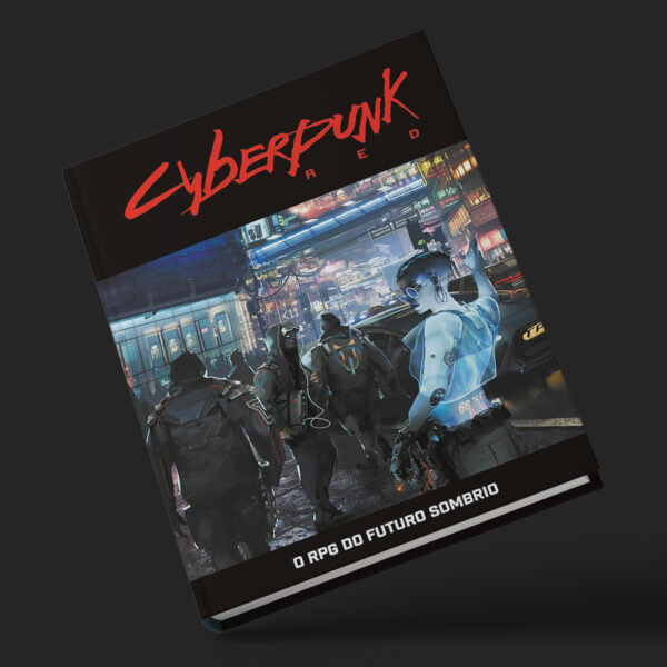 Capa do livro de regras RPG Cyberpunk RED com ilustrações vibrantes e detalhes intrigantes.