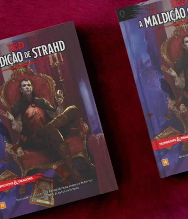 Capa do livro Dungeons & Dragons: A Maldição de Strahd com ilustrações vibrantes e detalhes intrigantes.