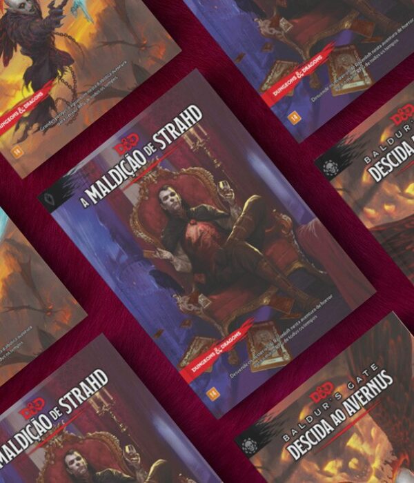 Capa do livro Dungeons & Dragons: A Maldição de Strahd com ilustrações vibrantes e detalhes intrigantes.