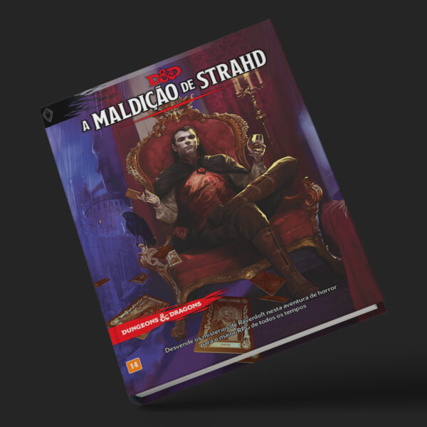 Capa do livro Dungeons & Dragons: A Maldição de Strahd com ilustrações vibrantes e detalhes intrigantes.