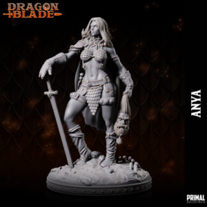 Miniatura de uma guerreira bárbara, Anya, da coleção Dragon Blade da Primal Collectibles, em pose vitoriosa, segurando uma espada em uma mão e a cabeça de um inimigo na outra.
