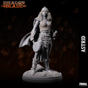 Miniatura de Astrid, uma guerreira humana da coleção Dragon Blade da Primal Collectibles, com sua espada embainhada e pronta para lutar com qualquer objeto, incluindo uma panela.