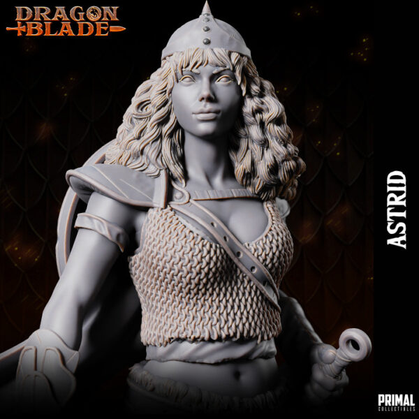 Miniatura de Astrid, uma guerreira humana da coleção Dragon Blade da Primal Collectibles, com sua espada embainhada e pronta para lutar com qualquer objeto, incluindo uma panela.