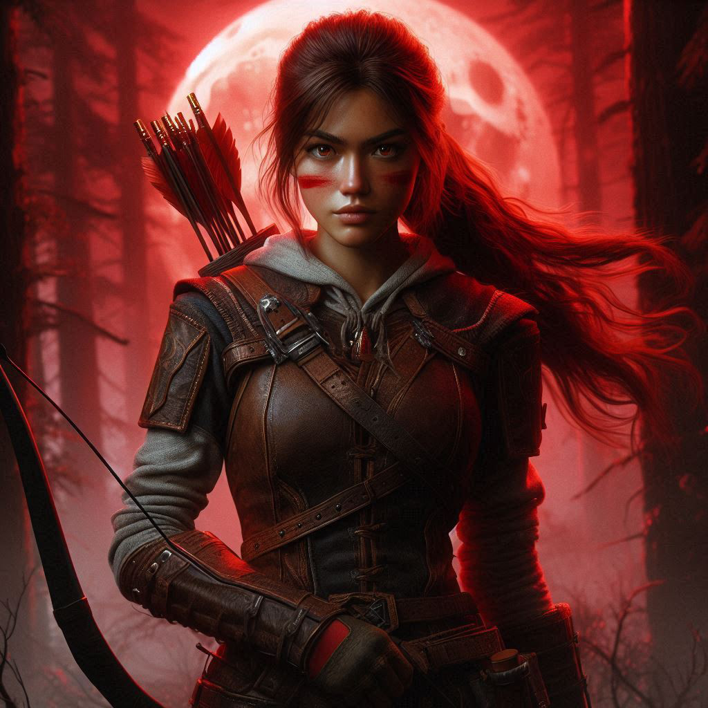 Aventura One-Shot Anya, a caçadora jovem e destemida, com armadura de couro resistente, segurando um arco e flecha, pronta para caçar, sob o brilho vermelho da lua sangrenta.