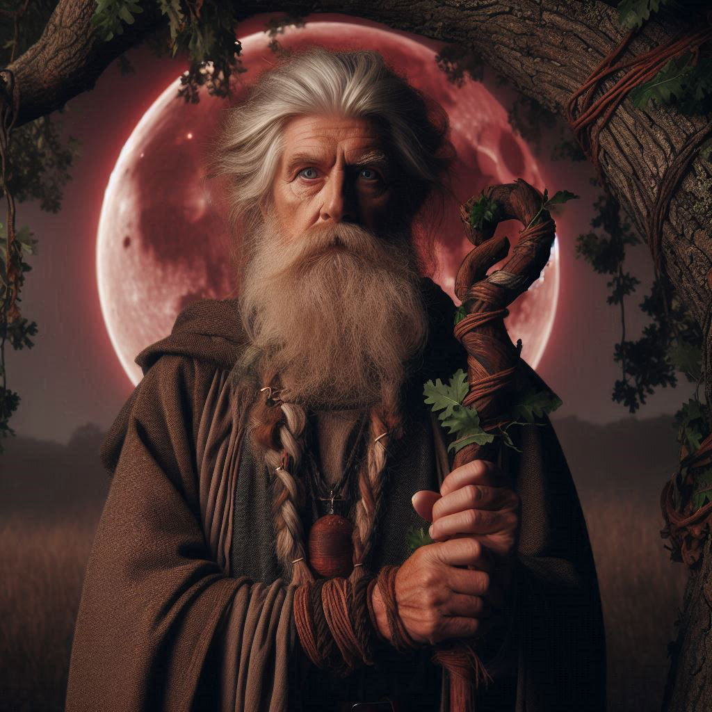 Aventura One-Shot
Eamon Graybark, druido ancião, vestindo roupas em tons terrosos, com uma longa barba trançada e um cajado de madeira, diante de uma grande árvore de carvalho sob a lua vermelha.