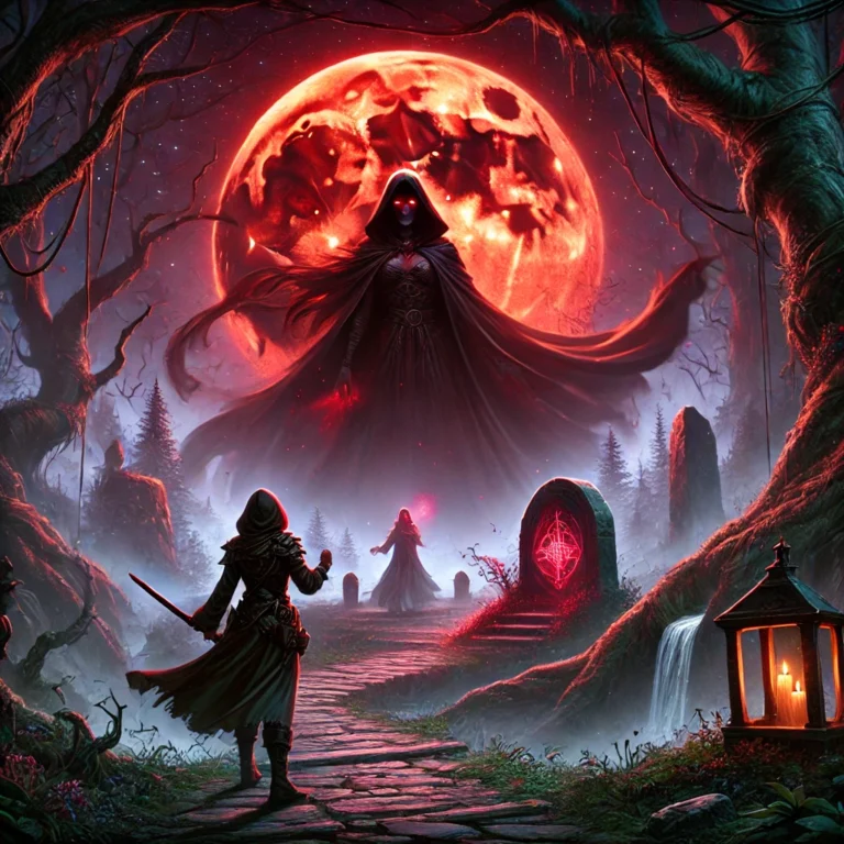 Ilustração de uma Aventura One-Shot de RPG em uma floresta sombria iluminada pela luz de uma lua vermelha, com uma feiticeira ameaçadora próxima a um altar de pedra e uma caçadora corajosa segurando uma arma enquanto observa o caminho em direção à feiticeira.