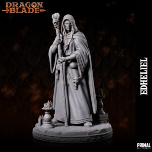 Miniatura de RPG de Edheliel, um mago humano da coleção Dragon Blade da Primal Collectibles, segurando seu cajado e vestido com um manto coberto de runas, envolto em uma aura de mistério e poder arcano.