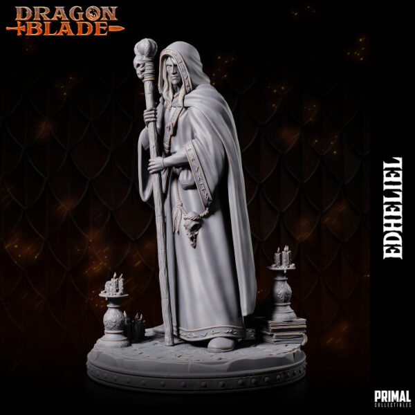 Miniatura de RPG de Edheliel, um mago humano da coleção Dragon Blade da Primal Collectibles, segurando seu cajado e vestido com um manto coberto de runas, envolto em uma aura de mistério e poder arcano.