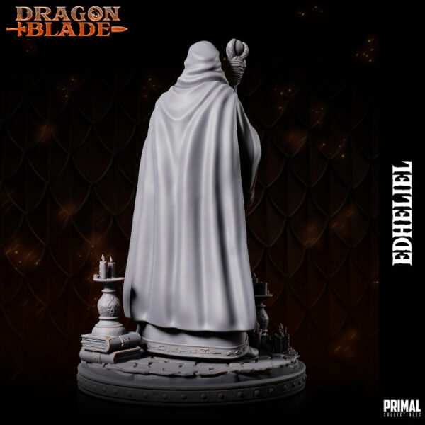 Miniatura de RPG de Edheliel, um mago humano da coleção Dragon Blade da Primal Collectibles, segurando seu cajado e vestido com um manto coberto de runas, envolto em uma aura de mistério e poder arcano.