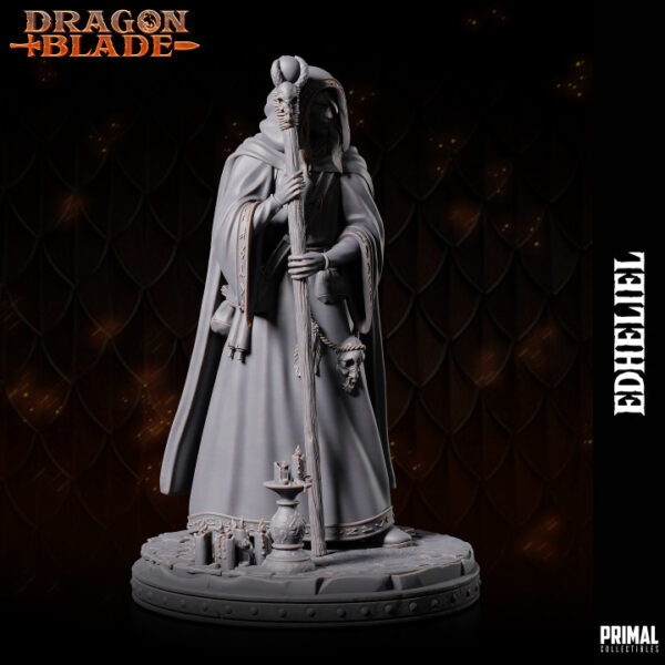 Miniatura de RPG de Edheliel, um mago humano da coleção Dragon Blade da Primal Collectibles, segurando seu cajado e vestido com um manto coberto de runas, envolto em uma aura de mistério e poder arcano.