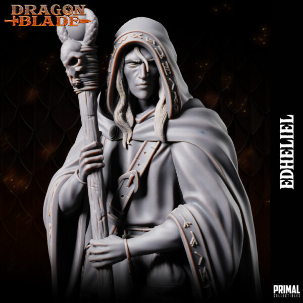Miniatura de RPG de Edheliel, um mago humano da coleção Dragon Blade da Primal Collectibles, segurando seu cajado e vestido com um manto coberto de runas, envolto em uma aura de mistério e poder arcano.
