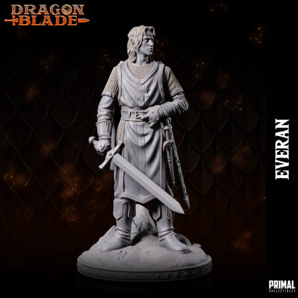 Miniatura de Everan, um elfo versátil da coleção Dragon Blade da Primal Collectibles, empunhando uma espada com a cabeça erguida, simbolizando seu orgulho e passado heroico.
