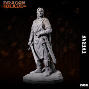 Miniatura de Everan, um elfo versátil da coleção Dragon Blade da Primal Collectibles, empunhando uma espada com a cabeça erguida, simbolizando seu orgulho e passado heroico.