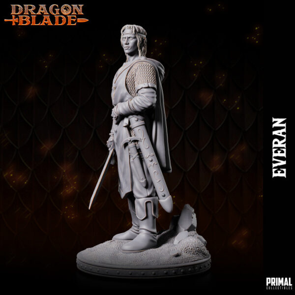 Miniatura de Everan, um elfo versátil da coleção Dragon Blade da Primal Collectibles, empunhando uma espada com a cabeça erguida, simbolizando seu orgulho e passado heroico.