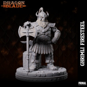 Miniatura de Ghrimli, um anão ferreiro e guerreiro da coleção Dragon Blade da Primal Collectibles, empunhando um machado de lâmina dupla e com uma expressão determinada.