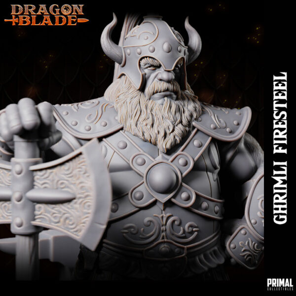 Miniatura de Ghrimli, um anão ferreiro e guerreiro da coleção Dragon Blade da Primal Collectibles, empunhando um machado de lâmina dupla e com uma expressão determinada.