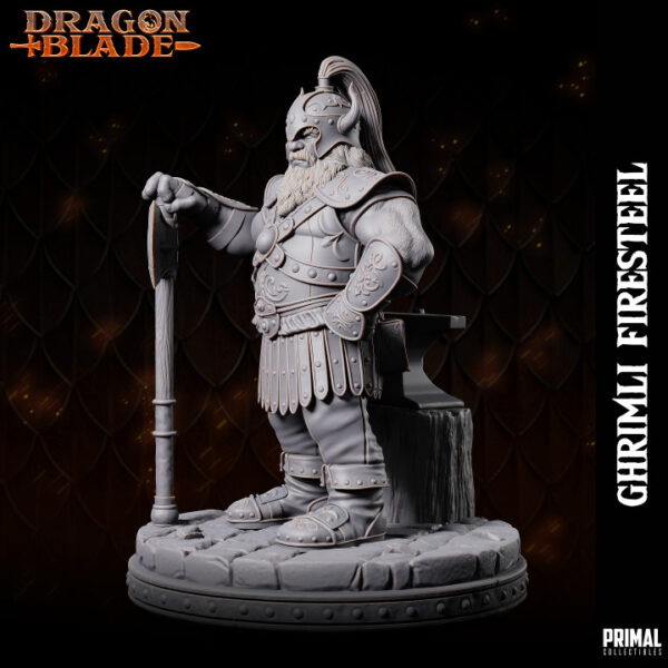 Miniatura de Ghrimli, um anão ferreiro e guerreiro da coleção Dragon Blade da Primal Collectibles, empunhando um machado de lâmina dupla e com uma expressão determinada.