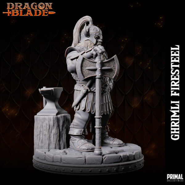 Miniatura de Ghrimli, um anão ferreiro e guerreiro da coleção Dragon Blade da Primal Collectibles, empunhando um machado de lâmina dupla e com uma expressão determinada.