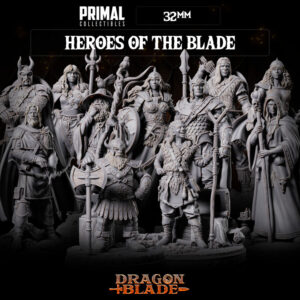 Coleção completa de miniaturas Dragon Blade da Primal Collectibles, inspirada em Dragonlance, incluindo guerreiros, magos, arqueiros e personagens icônicos em poses dinâmicas e detalhadas.
