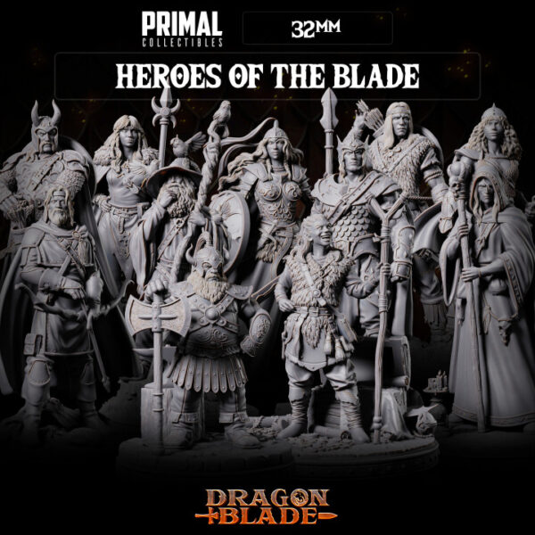 Coleção completa de miniaturas Dragon Blade da Primal Collectibles, inspirada em Dragonlance, incluindo guerreiros, magos, arqueiros e personagens icônicos em poses dinâmicas e detalhadas.