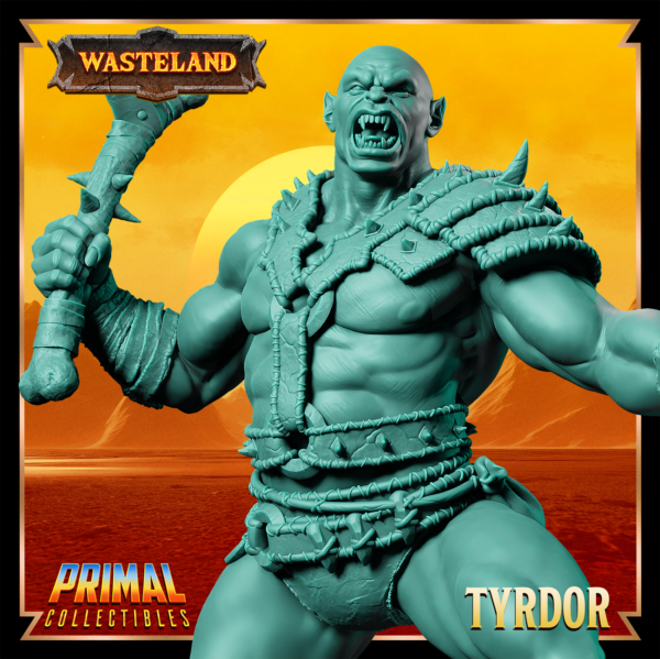 Miniatura de Trydor, um guerreiro Mul Wild da coleção Wasteland, segurando duas foices com cabos de osso em uma postura agressiva.