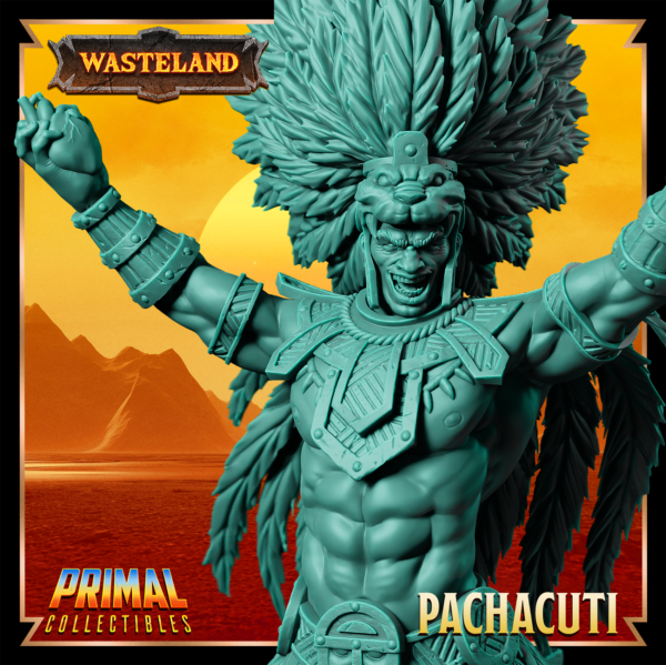 Miniatura de Pachacuti, o King Sorcerer da coleção Wasteland, em um altar, segurando o coração de uma vítima sacrificada