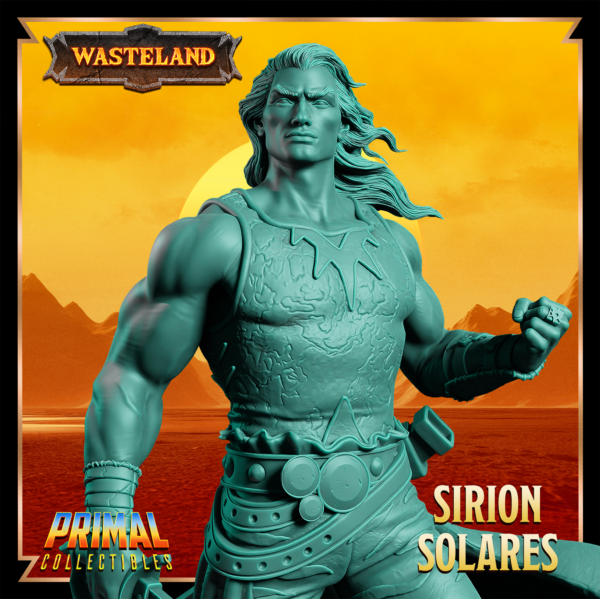 Miniatura de resina de Sirion Solares da coleção Wasteland, em pose imponente com espada em punho e punho cerrado.