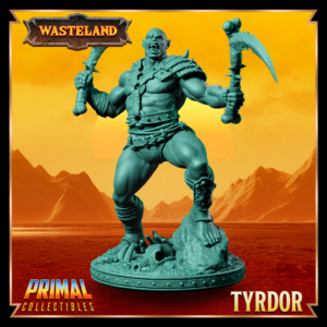Miniatura de Trydor, um guerreiro Mul Wild da coleção Wasteland, segurando duas foices com cabos de osso em uma postura agressiva.