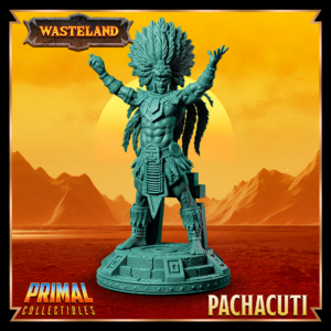 Miniatura de Pachacuti, o King Sorcerer da coleção Wasteland, em um altar, segurando o coração de uma vítima sacrificada