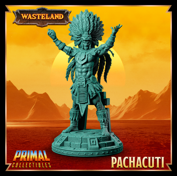 Miniatura de Pachacuti, o King Sorcerer da coleção Wasteland, em um altar, segurando o coração de uma vítima sacrificada
