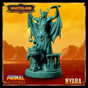 Miniatura de Sorcerer Queen Nyara da coleção Wasteland, realizando um ritual sombrio diante de seu caldeirão com um punhal ritualístico em mãos.