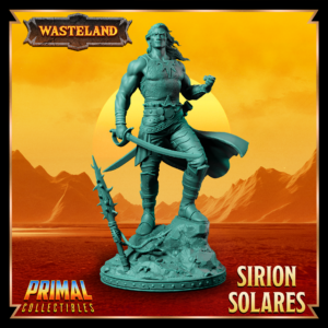 Miniatura de resina de Sirion Solares da coleção Wasteland, em pose imponente com espada em punho e punho cerrado.