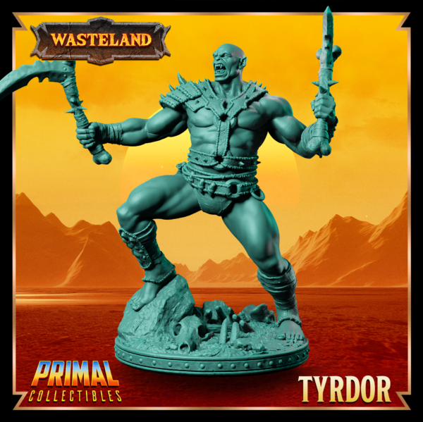 Miniatura de Trydor, um guerreiro Mul Wild da coleção Wasteland, segurando duas foices com cabos de osso em uma postura agressiva.