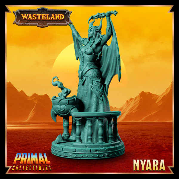 Miniatura de Sorcerer Queen Nyara da coleção Wasteland, realizando um ritual sombrio diante de seu caldeirão com um punhal ritualístico em mãos.