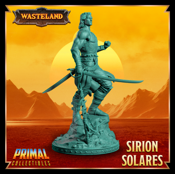 Miniatura de resina de Sirion Solares da coleção Wasteland, em pose imponente com espada em punho e punho cerrado.