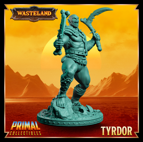 Miniatura de Trydor, um guerreiro Mul Wild da coleção Wasteland, segurando duas foices com cabos de osso em uma postura agressiva.