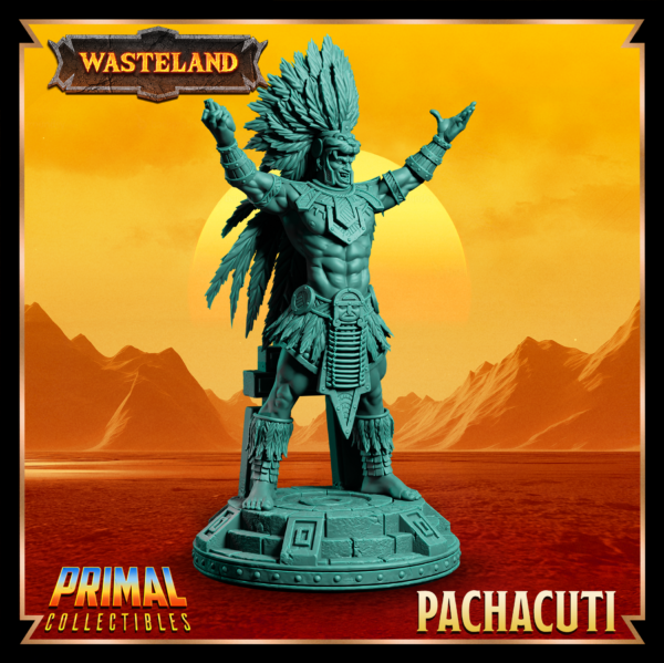 Miniatura de Pachacuti, o King Sorcerer da coleção Wasteland, em um altar, segurando o coração de uma vítima sacrificada