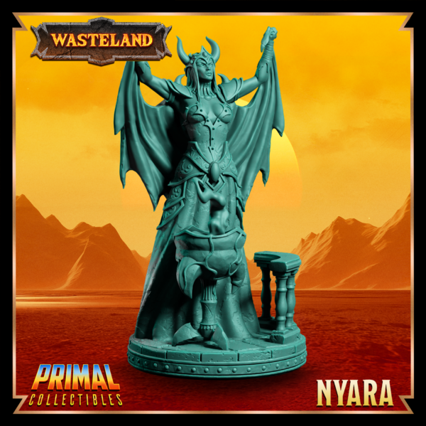 Miniatura de Sorcerer Queen Nyara da coleção Wasteland, realizando um ritual sombrio diante de seu caldeirão com um punhal ritualístico em mãos.