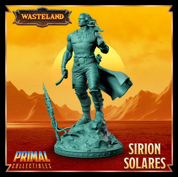 Miniatura de resina de Sirion Solares da coleção Wasteland, em pose imponente com espada em punho e punho cerrado.