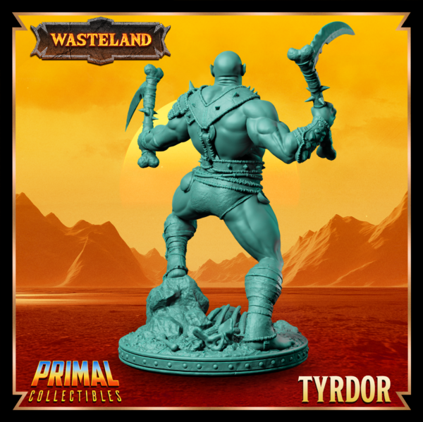 Miniatura de Trydor, um guerreiro Mul Wild da coleção Wasteland, segurando duas foices com cabos de osso em uma postura agressiva.