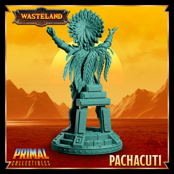 Miniatura de Pachacuti, o King Sorcerer da coleção Wasteland, em um altar, segurando o coração de uma vítima sacrificada