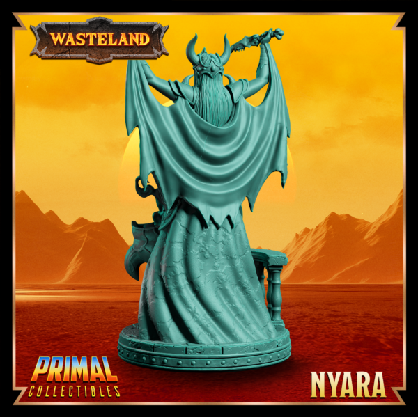 Miniatura de Sorcerer Queen Nyara da coleção Wasteland, realizando um ritual sombrio diante de seu caldeirão com um punhal ritualístico em mãos.
