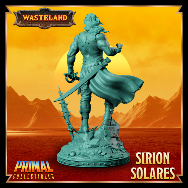 Miniatura de resina de Sirion Solares da coleção Wasteland, em pose imponente com espada em punho e punho cerrado.