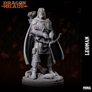 Miniatura de RPG de Leonan, meio-elfo arqueiro da coleção Dragon Blade da Primal Collectibles, em pose imponente com seu arco apontado para baixo, pronto para o combate.