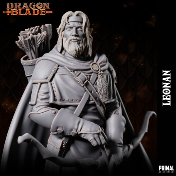 Miniatura de RPG de Leonan, meio-elfo arqueiro da coleção Dragon Blade da Primal Collectibles, em pose imponente com seu arco apontado para baixo, pronto para o combate.