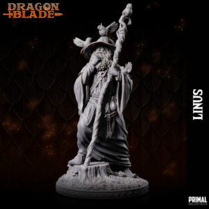 Miniatura de Linus, um velho mago da coleção Dragon Blade da Primal Collectibles, segurando um cajado feito de árvores mágicas e refletindo sua conexão com a natureza.