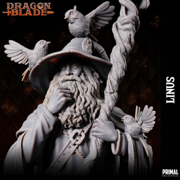 Miniatura de Linus, um velho mago da coleção Dragon Blade da Primal Collectibles, segurando um cajado feito de árvores mágicas e refletindo sua conexão com a natureza.