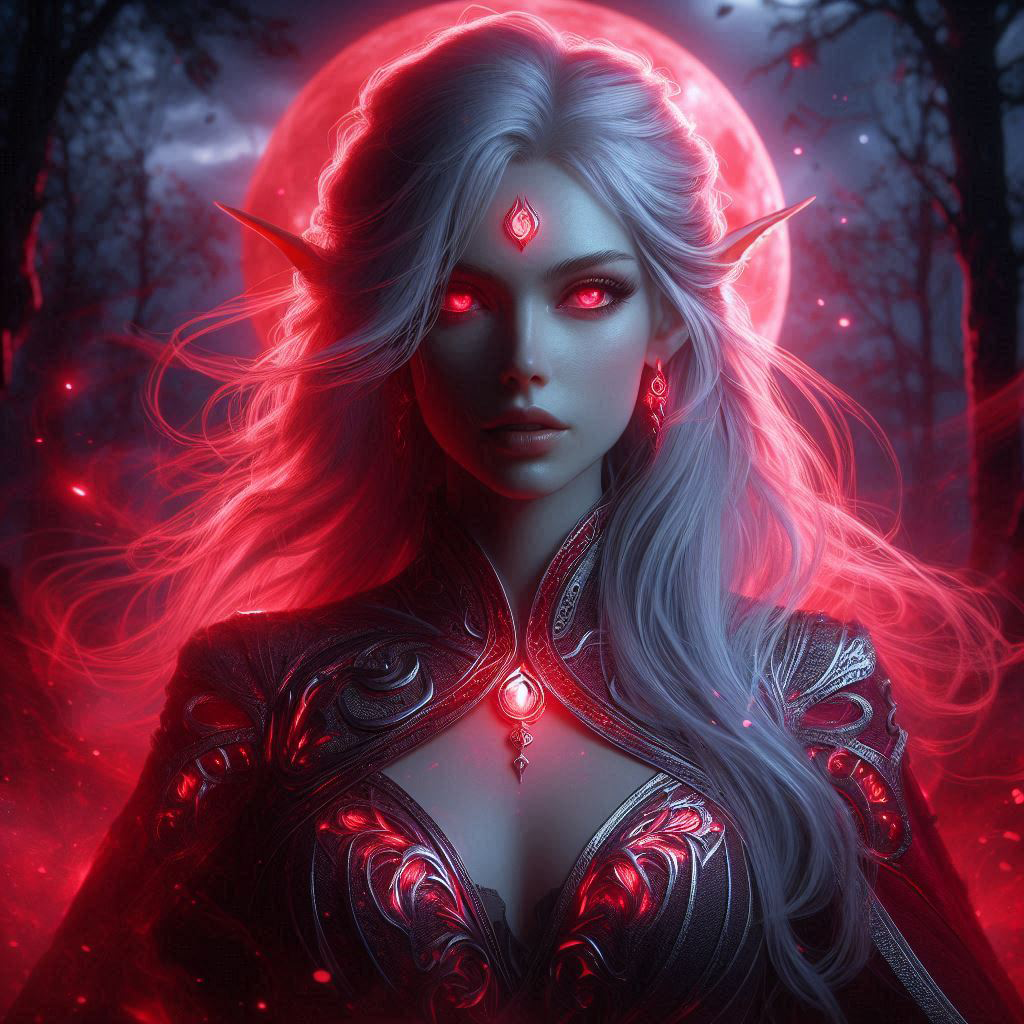 Lyriel da Lua Rubra, feiticeira élfica envolta por uma aura lunar vermelha, com longos cabelos prateados e olhos brilhando suavemente, vestindo robes com padrões lunares intricados.