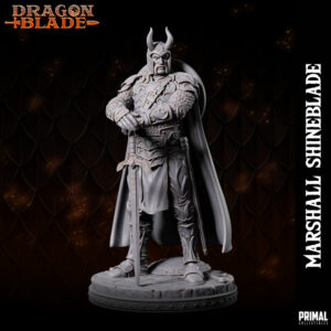Miniatura de Knight Marshall Shineblade, um guerreiro humano da coleção Dragon Blade da Primal Collectibles, com armadura completa e helmo com chifres, cravando sua espada no chão após uma batalha vitoriosa.
