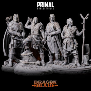 Kit Combo critico da Parvus Miniaturas da coleção Dragon Blade da Primal Collectibles, incluindo Leonan, Stormrunner, Everan e Heslin, com figuras detalhadas de arqueiro, ranger, elfo versátil e halfling aventureira.